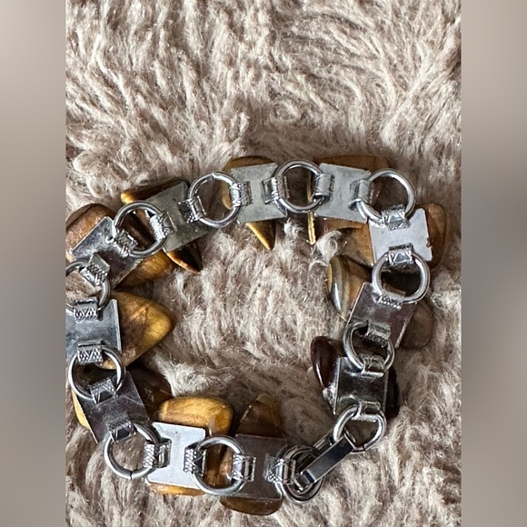 Vintage Tigers Eye Bracelet On A Linked Silver Tone Fold Over Clasp 0638 w - Picture 8 of 13